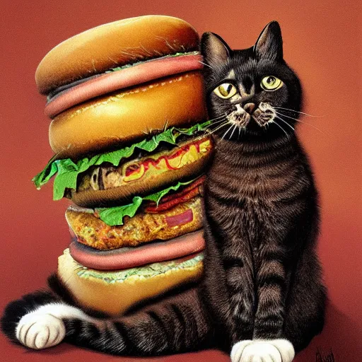 Prompt: a cat made of hamburgers, detailed digital art by salvadore dali,