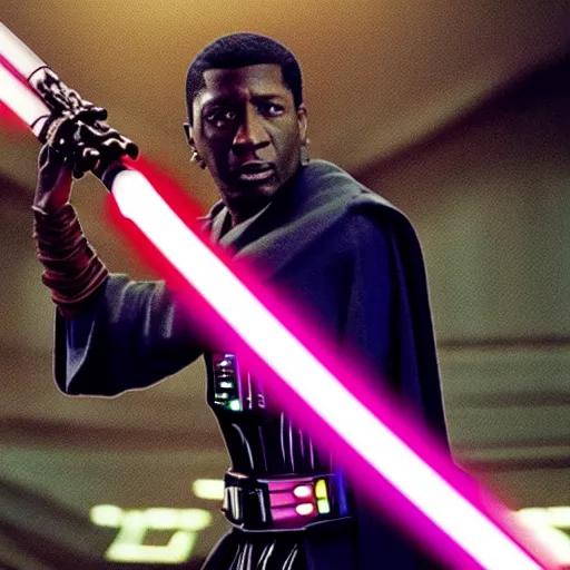 Image similar to gucci mane holding a lightsaber as mace windu in star wars episode 3, 8k resolution, full HD, cinematic lighting, award winning, anatomically correct