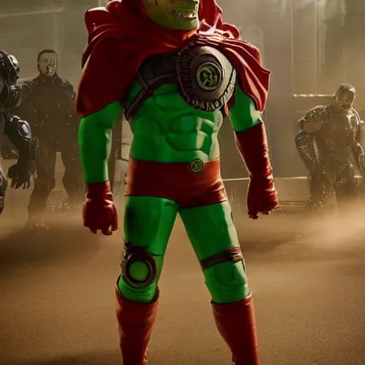 Image similar to pickle rick as superman! in gears of war, splash art, movie still, detailed face, photorealistic facial features, cinematic lighting, dramatic, octane render, long lens, shallow depth of field, bokeh, anamorphic lens flare, 8 k, hyper detailed, 3 5 mm film grain