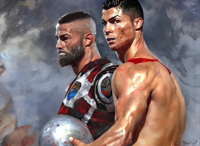 Image similar to a highly detailed beautiful portrait of cristiano ronaldo as kratos, by gregory manchess, james gurney, james jean