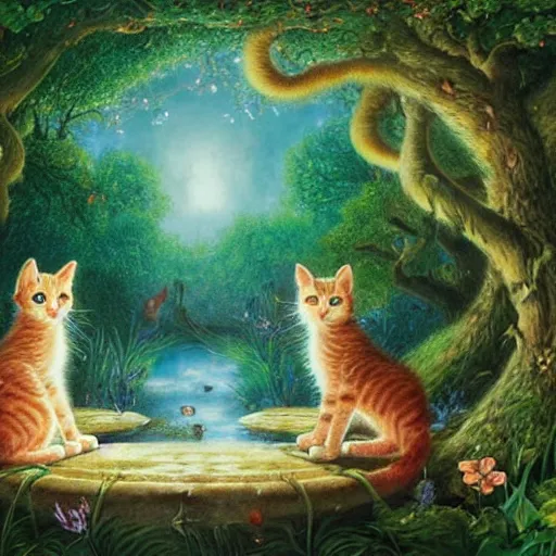 Image similar to two kittens in the enchanted forest watching the goldfish in the stream, fantasy, intricate, extremely detailed, matte, artstation, art by artgerm, louis wain