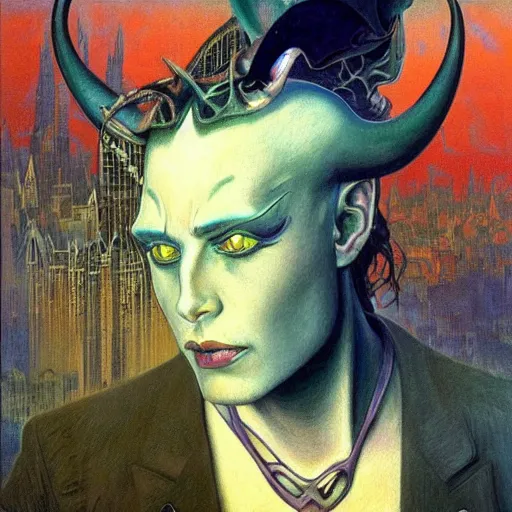 Image similar to realistic detailed portrait painting of a beautiful mysterious man with devil horns standing in a city at night background by Jean Delville, Amano, Yves Tanguy, Alphonse Mucha, Edward Robert Hughes, Roger Dean, rich moody colours, blue eyes