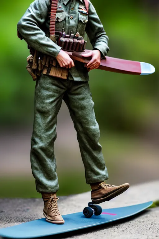 Prompt: realistic vietnam soldier with skateboard, pulitzer award, captured by nikon d 8 5 0, 4 k, body features, face features, bokeh, proportional, details, object features, by daniel berehulak and adnan abidi and preston gannaway