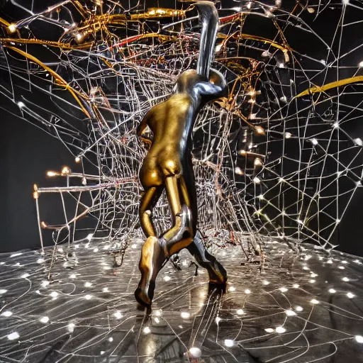 Image similar to a contemporary art sculpture of 5 tall man running with long arm and a big head, in the style of cesar baldaccini, tinguely, arman, medium shot, busy, made of intricate metal pieces, abstract, intricate, dirty, leds, indoor, studio lighting, hyper realistic, highly detailed, 8 k