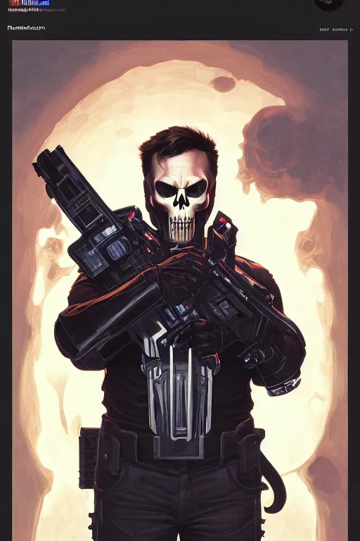 Image similar to elon musk as punisher, portrait, skull on the chest, highly detailed, digital painting, artstation, concept art, smooth, sharp focus, illustration, cinematic lighting, art by artgerm and greg rutkowski and alphonse mucha