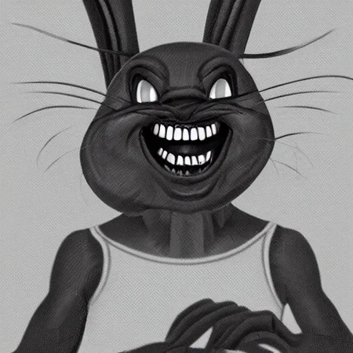 Image similar to A extremely highly detailed majestic hi-res beautiful, highly detailed head and shoulders portrait of a scary terrifying, horrifying, creepy black cartoon rabbit evil laughing standing up wearing pants and a shirt in the style of Walt Disney