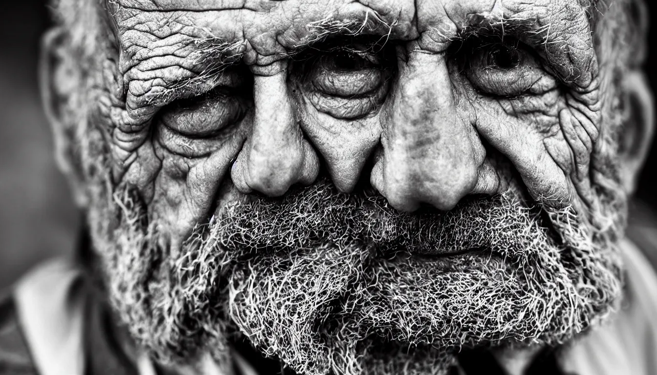 Image similar to hyper realistic color photo, portrait of a single weathered old man, aesthetic, cables, vapour emerge from their eyes, dramatic lighting and shadow!!, full colour, upscale, 8 k, masterpiece