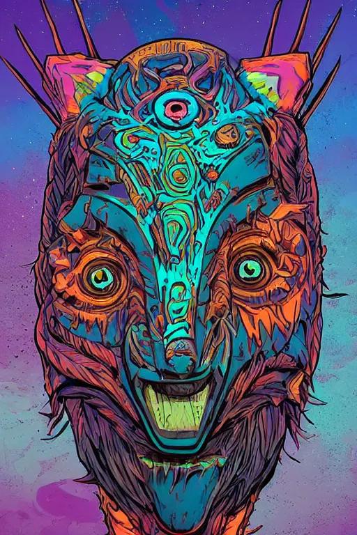 Image similar to totem animal tribal chaman vodoo mask feather gemstone plant wood rock video game illustration vivid color borderlands by josan gonzales and dan mumford radiating a glowing aura