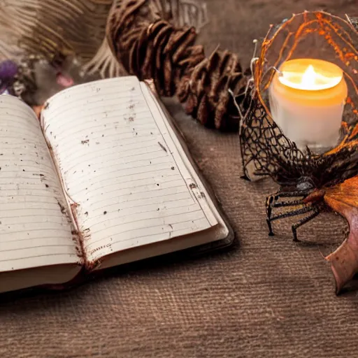 Image similar to very old and dusty diary book, covered with spider webs, nostalgic scene, candle light, warm light