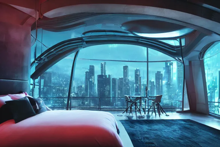 Image similar to a futuristic bedroom with large curved ceiling high windows looking out to a far future cyberpunk cityscape, cyberpunk neon lights, raining, scifi