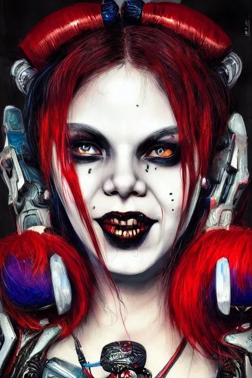 Image similar to portrait of young cute beautiful gothic Harley Quinn, cyberpunk, Warhammer, highly detailed, artstation, illustration, art by Gustav Klimt