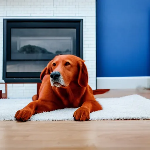 Prompt: red dog in a blue modern house