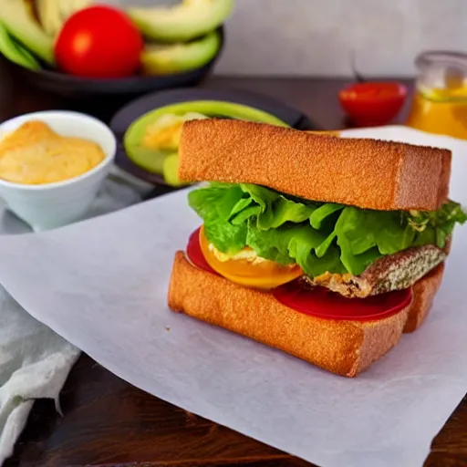 Image similar to sandwich bread with fried tofu, also tomato, onion, avocado and cheddar, over a dish and over a table, sunset background with saturn in the sky, studio photo, amazing light