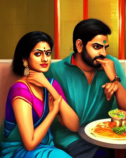 Image similar to a guy and girl on a date in a restaurant, saree, desi, art by salman toor. faithfully depicted facial expression, perfect anatomy, sharp focus, global illumination, radiant light, detailed and intricate environment, trending on artstation