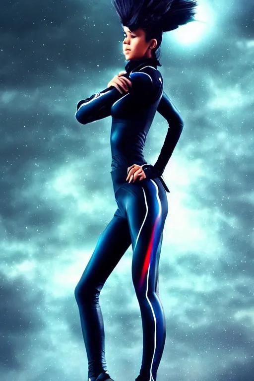 Image similar to a stunning picture of a beautiful young woman wearing futuristic deep black battle bodyarmor and leggings with ombre navy blue teal hairstyle blowing in the wind by marvel comics, digital art, trending on artstation