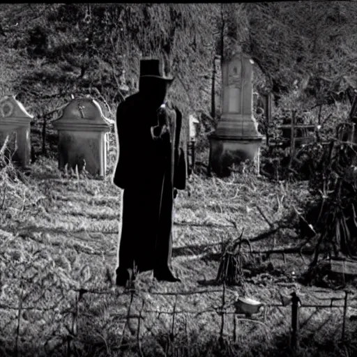 Image similar to cctv security cam grainy black and white footage of baron samedi in an overgrown graveyard. baron samedi is looking at the camera.