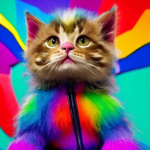 Image similar to wide angle full body, jacket wearing fluffy cute rainbow kitten wearing a black leather motorcycle jacket, cinematic concept art