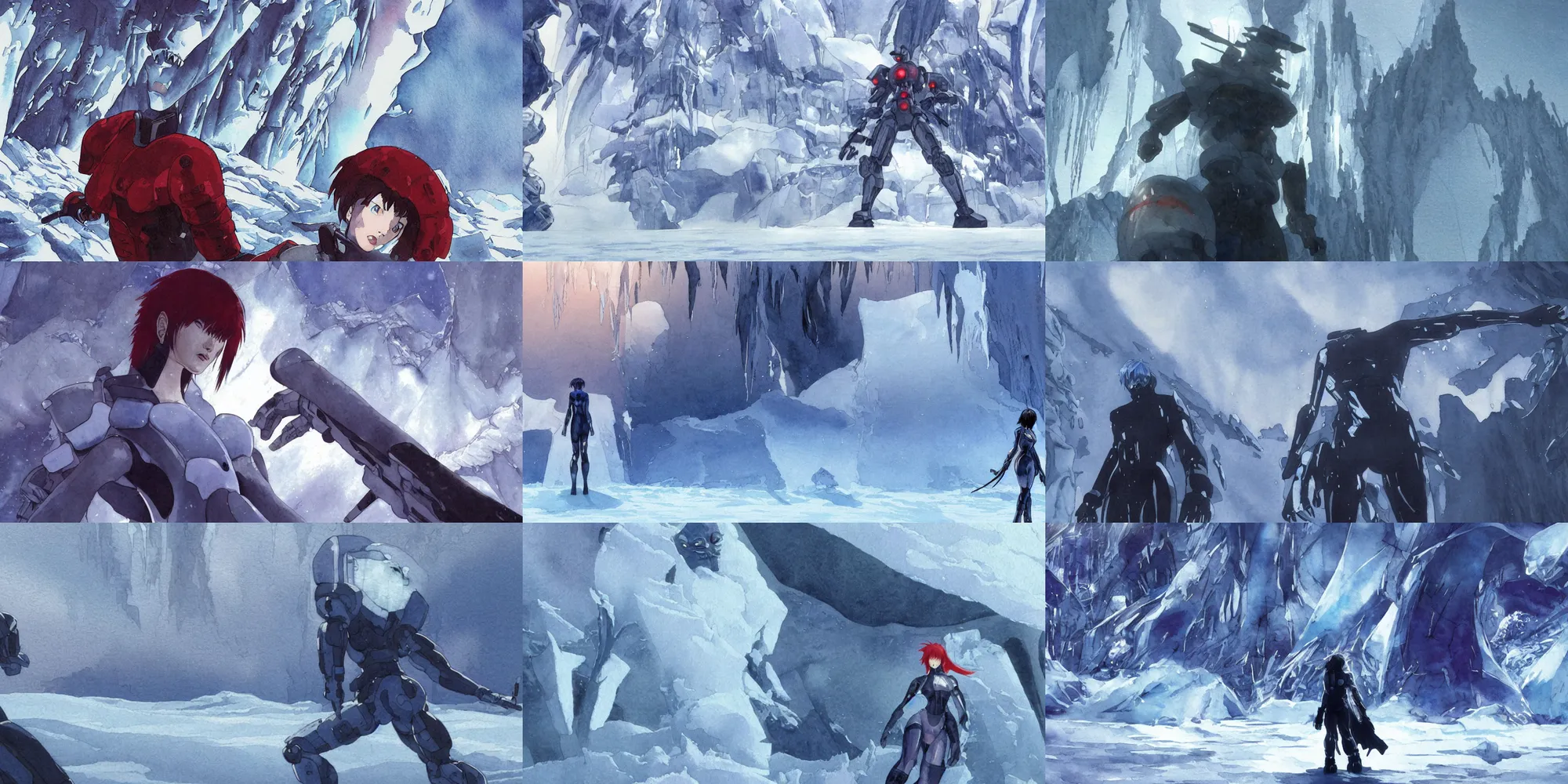 Prompt: incredible wide screenshot, simple watercolor, masamune shirow ghost in the shell movie scene Kusanagi, Giant robot head inside the ice, giant robot bones, spine and ribs in glacier in Antarctica, rocky cliff, sublte glow under the ice, frozen waterfall, frost, snow, wearing a parker, windy, dust, most memorable scene, red, blue, orange, short hair, odd pipes, greebles, ice, metallic reflections, refraction, bounce light, phil hale, Yoji Shinkawa, bright rim light, hd, 4k, remaster, dynamic camera angle, deep 3 point perspective, fish eye, dynamic scene