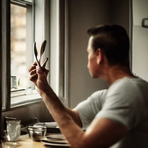 Image similar to a man peeking above a table and looking at a spoon