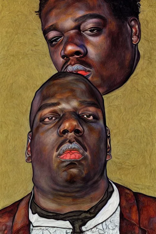 Image similar to a realistic portrait of biggie small in style of egon schiele, masterpiece, hyperdetailed, complex, intricate, 4 k, trending on artstation