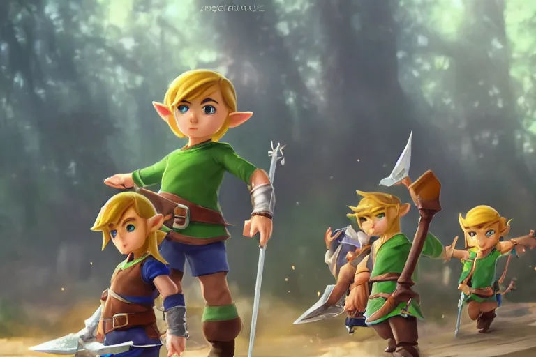 Prompt: surprised Link points at toon Link which points at young Link, all standing in a circle, made by Stanley Artgerm Lau, WLOP, Rossdraws, ArtStation, CGSociety, concept art, cgsociety, octane render, trending on artstation, artstationHD, artstationHQ, unreal engine, 4k, 8k,