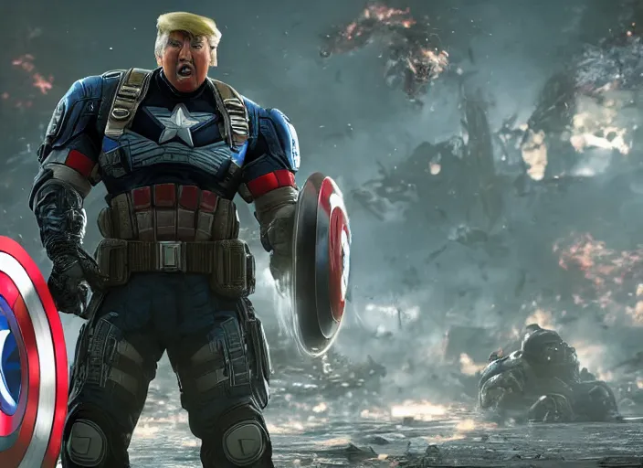 Prompt: trump as captain america in gears of war, splash art, movie still, cinematic lighting, ray tracing, octane render, long lens, shallow depth of field, bokeh, anamorphic lens flare, 8 k, hd, 4 k, hyper detailed, 3 5 mm film grain