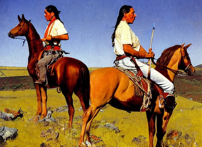 Image similar to western painting, native american sitting on horse on top of hill, by norman rockwell