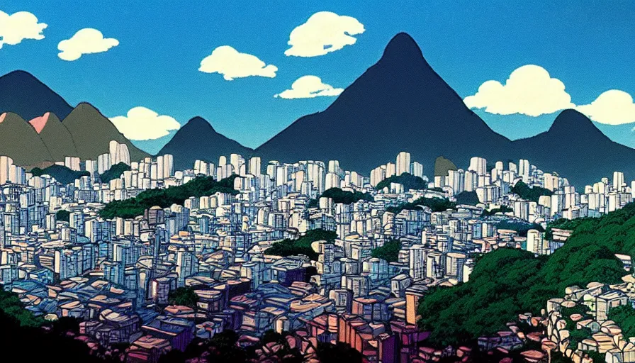 Prompt: 1 9 8 6 movie screencap of rio de janeiro, studio ghibli sky, beautiful favela background extremely utra high quality artwork 8 k