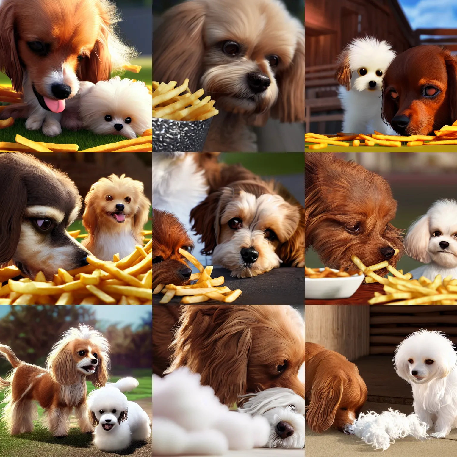 Prompt: a photorealistic closeup image of a cute brown colored long haired chihuahua cocker spaniel dog eating french fries with a happy white bichon frise dog at the park. brightly lit. extreme detail. 4 k hd unreal engine