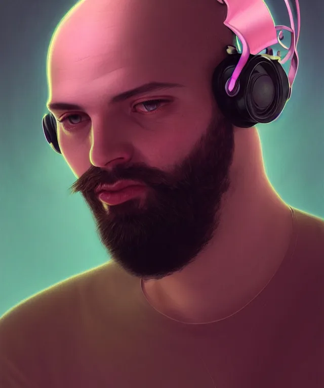 Prompt: Portrait of a male DJ, eastern european origin, sci-fi, pink eyes, face, shaved head, beard, Headphones, fantasy, LSD Dream Emulator, intricate, elegant, backlit, highly detailed, digital painting, artstation, concept art, smooth, sharp focus, illustration, art by artgerm and greg rutkowski and alphonse mucha