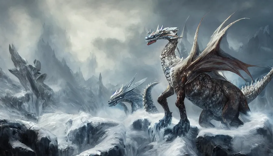 Prompt: epic ice dragon with trendy shapes in a nordic landscape under bright daylight with fluffy clouds, set in the words of the Forgotten Realms and Guildwars2, painted by Hans Fredrik Gude, Greg Rutkowksi and Artgerm, concept art 2022, ultra realistic masterpiece, contrasting details vs blank areas, oil on canvas