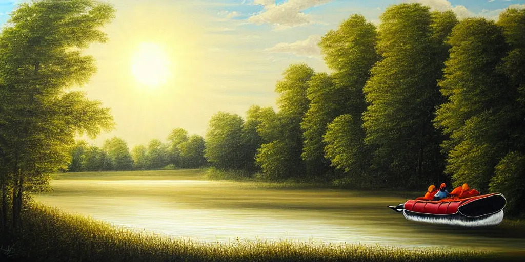 Image similar to A very detailed painting featuring a river in Europe surrounded by trees and fields. A rubber dinghy is slowly moving through the water. Sun is shining. minimalist painting