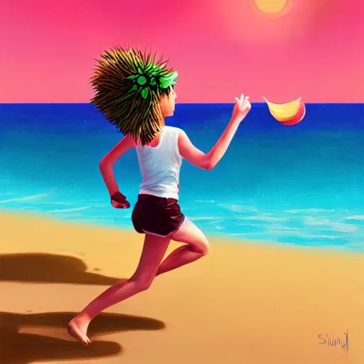 Image similar to portrait, giant rose flower head, girl running at the beach, surreal photography, sunrise, blue sky, dramatic light, impressionist painting, digital painting, artstation, simon stalenhag