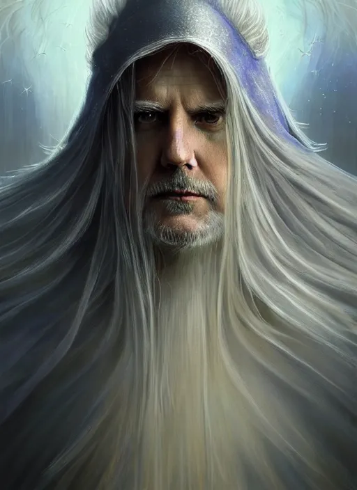 Image similar to Portrait of Prime Minister Scott Morrison, silver shaggy hair, cloak, ethereal wings, fantasy, extremely detailed, digital painting, artstation, concept art, smooth, sharp focus, illustration, stunning lighting, art by artgerm and greg rutkowski and alphonse mucha and simon stalenhag, realistic character concept, high fantasy, light atmosphere, golden ratio, cinematic lighting, hyperdetailed, high resolution, insanely detailed and intricate, artstation, Marc Simonetti, Greg Rutkowski, 8k