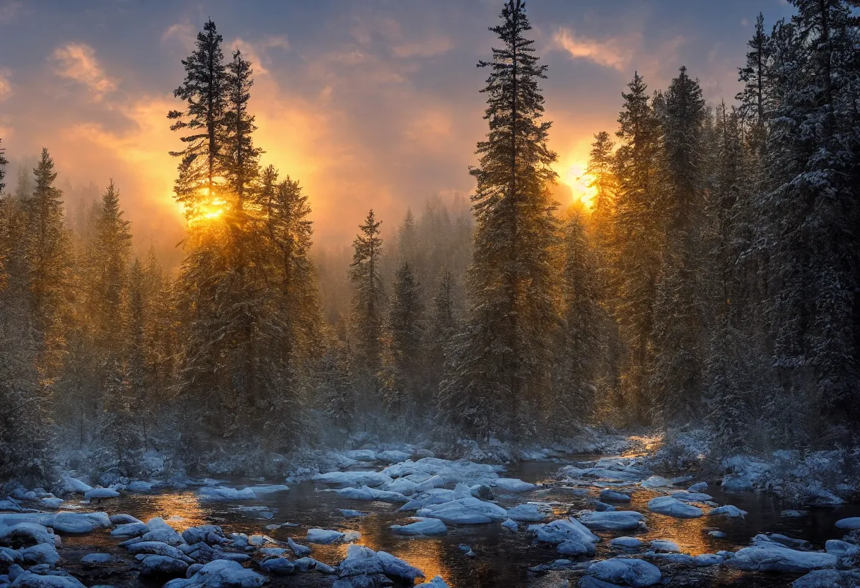 Image similar to pine _ forest _ cold _ river _ mysterious _ sunrise