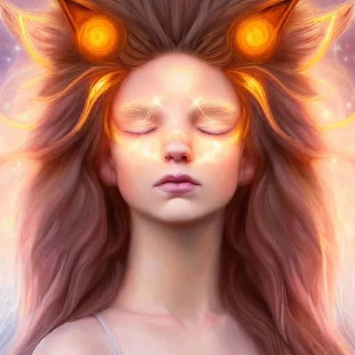 Image similar to Portrait of a girl angel with pale orange colored frizzy strands of illuminated hair, cat ears on her head, glowing halo, Lion's Mane, Cosmic, Lion's Gate, 8/8, fantasy, intricate, elegant, highly detailed, digital painting, artstation, concept art, smooth, sharp focus, illustration, art by Krenz Cushart and Artem Demura and alphonse mucha