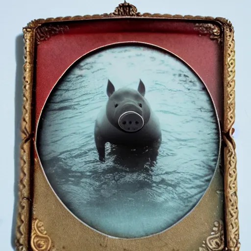 Image similar to tintype photo, swimming deep underwater, alien pig