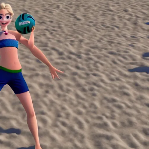 Image similar to anna from frozen playing beach volleyball, ultra realistic, 8 k, highly detailed