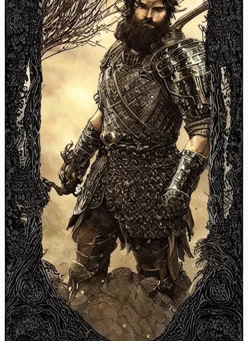 Prompt: portrait of a sexy male warrior in simple black plate armor, scars, bear motif, face details, black curly hair, beard, dark skin, honey eyes, badass, dark fantasy, sharp focus, award - winning, masterpiece, highly detailed, intricate, by rebecca guay, rossdraws, tarot card border