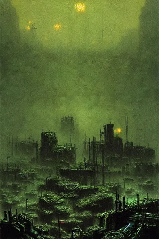 Prompt: glowing green crystals irradiating infested city, wasteland, survival post - apocalyptic, ruined tanks, beksinski