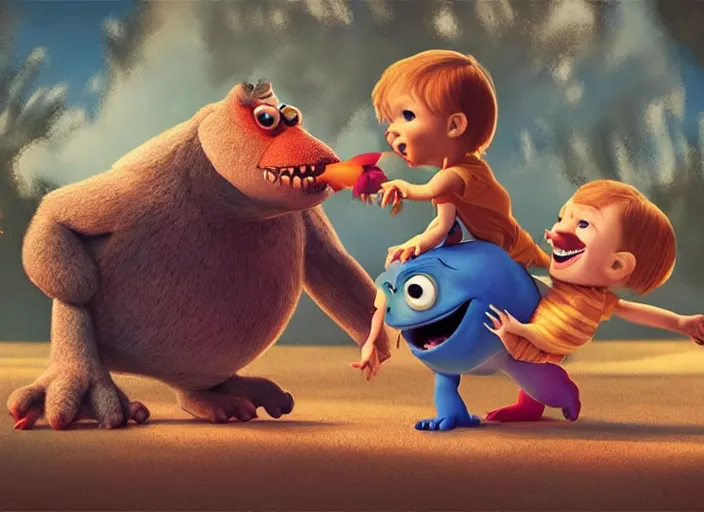 Image similar to two monster children playing together, best friends, Pixar, vintage, children's book, amazing composition