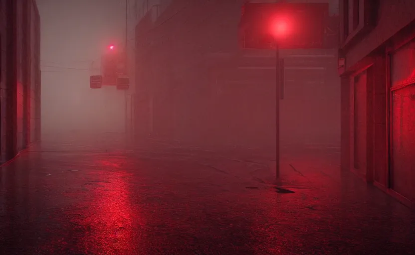 Image similar to red night street, gloomy and foggy atmosphere, octane render, artstation trending, horror scene, highly detailded