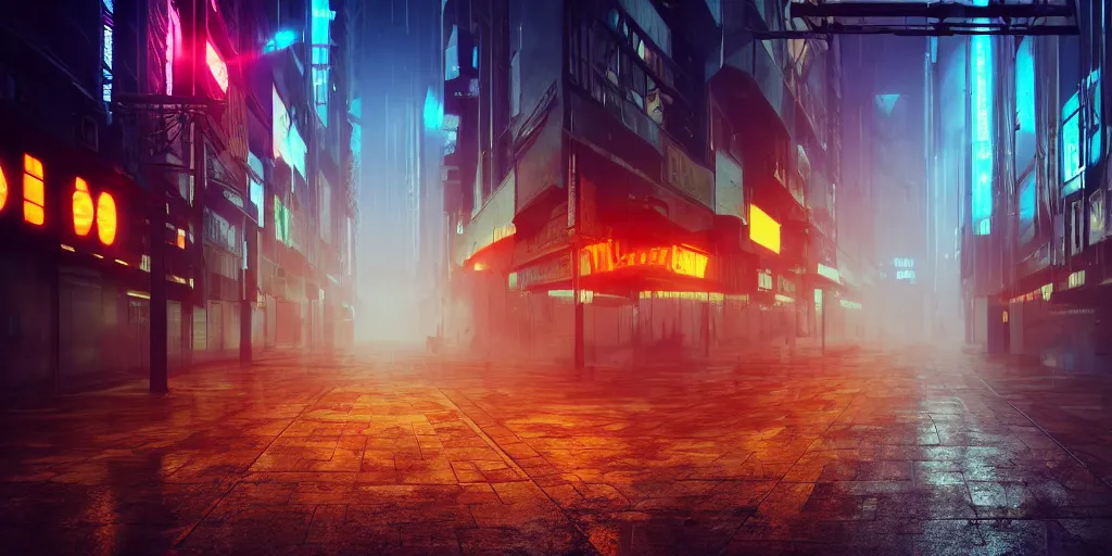 Prompt: deserted cyberpunk style city street, fog, rain, neon sign, volumetric lighting, beautiful, golden hour, sharp focus, ultra detailed, cgsociety