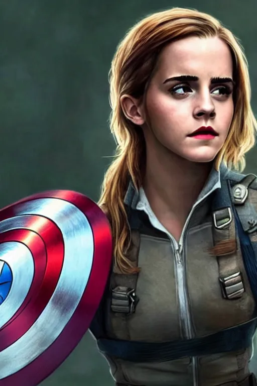 Image similar to emma watson as captain america, hyper realistic