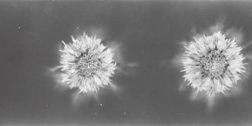 Prompt: close up photography of edelweiss flower turning into stars and universe, 1. 2 f, 3 5 mm, dark, eerie, 1 9 2 0 s ghost photography