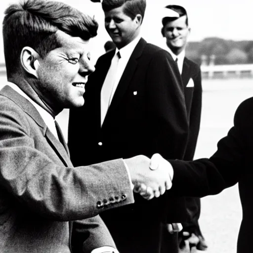 Image similar to president john f kennedy shaking hands with an alien, black and white photography, detailed, ultra realistic, photorealistic, cinematic