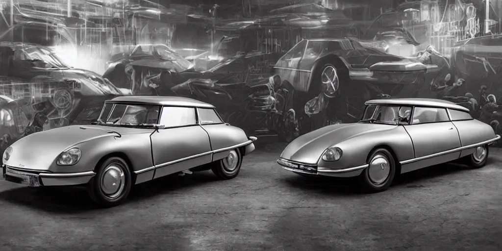 Image similar to A concept model of a 1975 citroen DS, science fiction set painted by James Jean, cinematography by Darren Aronofsky, composition by Fritz Lang