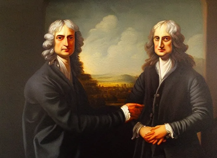 Prompt: a classical painting of sir isaac newton and tupac shakur, good friends, oil on canvas