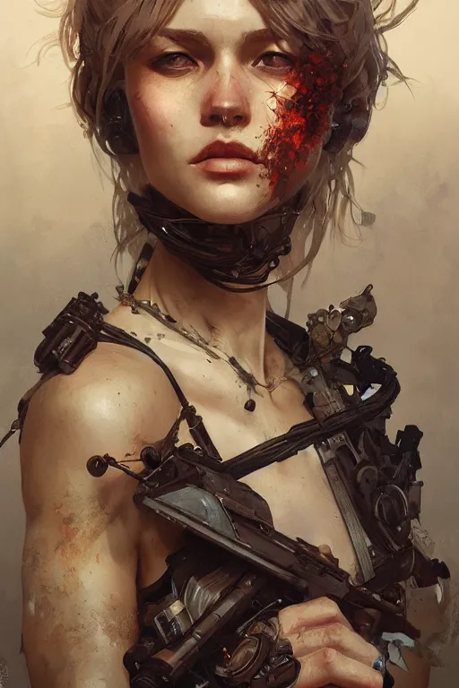 Prompt: A full portrait of a beautiful post apocalyptic offworld huntress, intricate, elegant, highly detailed, digital painting, artstation, concept art, smooth, sharp focus, illustration, art by Krenz Cushart and Artem Demura and alphonse mucha