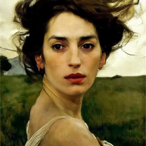 Prompt: a stunning masterful portrait of a confident spanish woman with messy hair and deep thinking eyes and traditional spanish clothes by andrew wyeth, john singer sargent, and norman rockwell, natural light, oil painting, ethereal, wong kar wai, strong brushwork